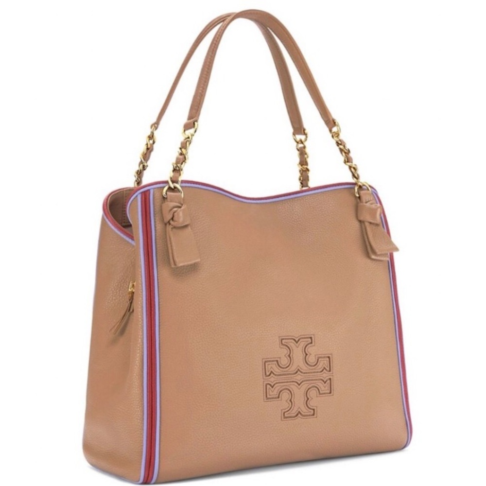 Tory Burch Harper Bedrock Striped Tan Leather Tote/Shoulder Bag